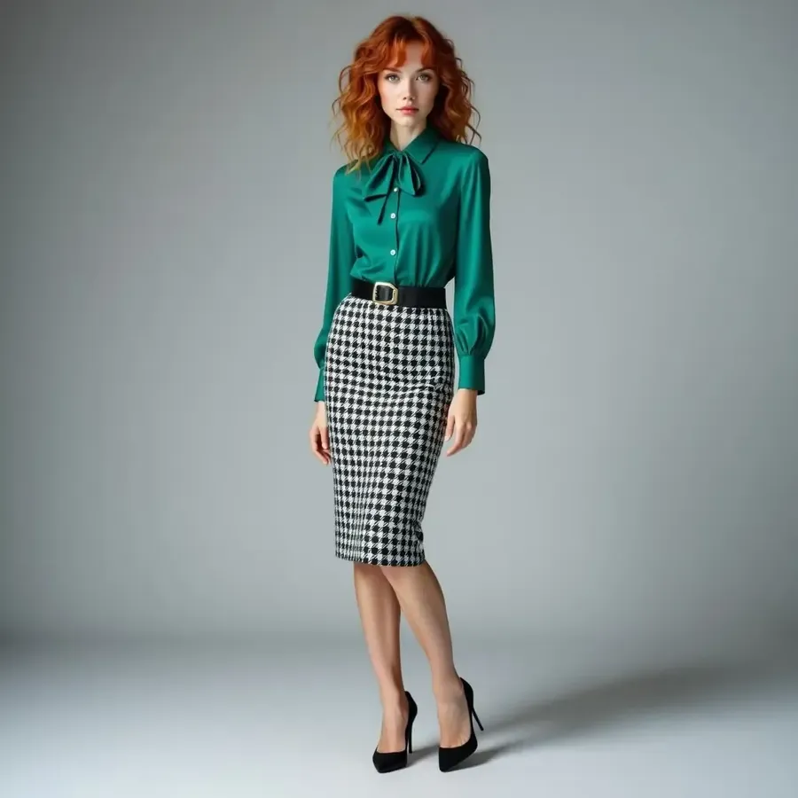 Red-haired woman in a green blouse, checked pencil skirt and black heels