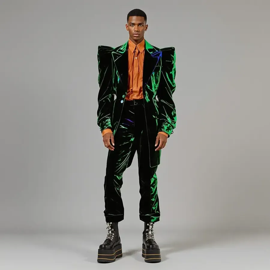Man wearing a dark green sculptural suit with an orange shirt and black boots