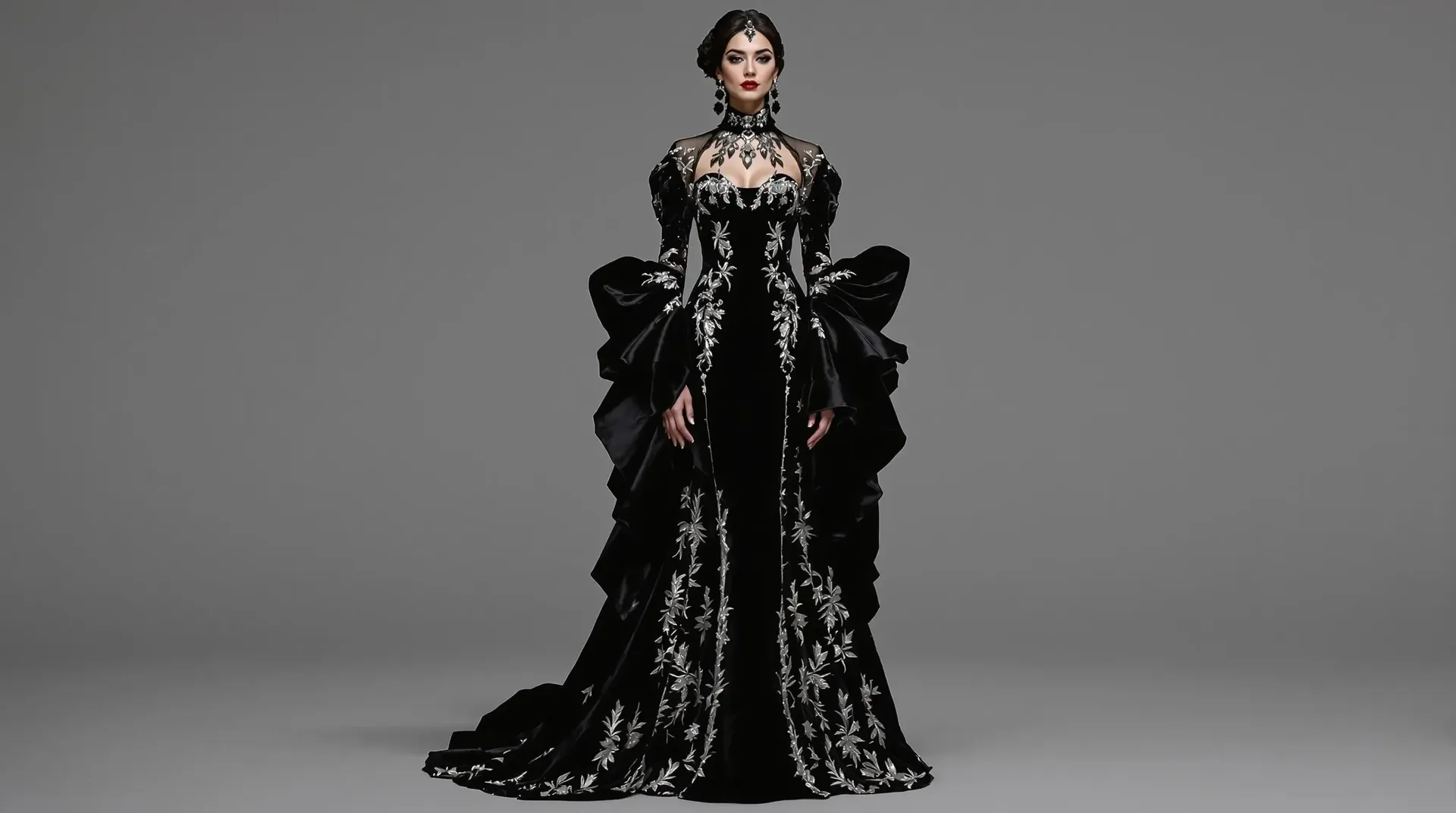Woman in an ornate black evening gown with silver embroidery and flared sleeves