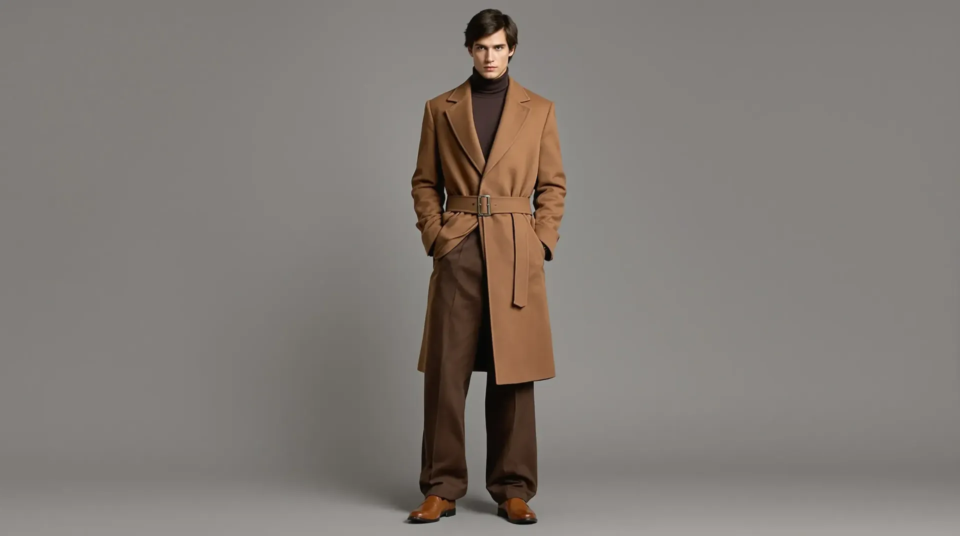 Man wearing a long camel coat over a brown outfit against a gray background