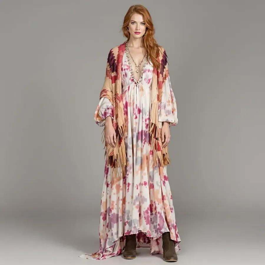 Woman wearing a flowing pink floral dress against a gray studio background