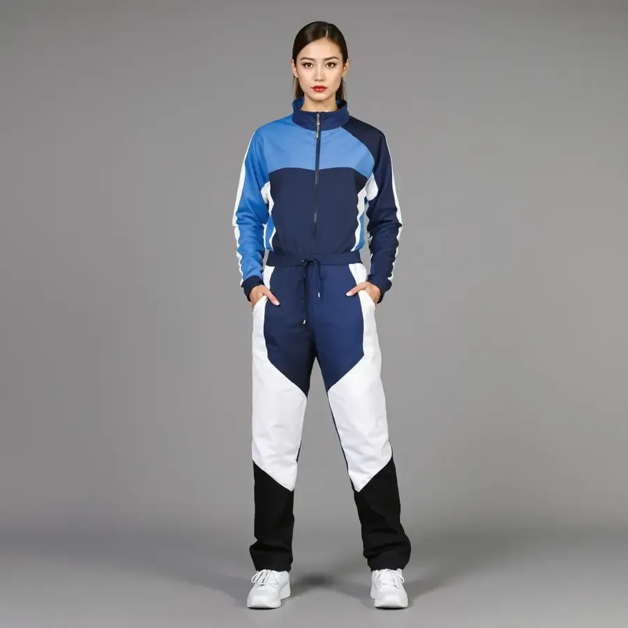 Woman wearing a blue, white and black athletic outfit with white sneakers