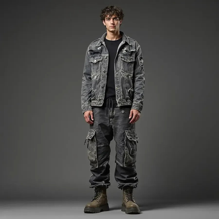 Man wearing a washed black denim jacket, dark jeans and boots