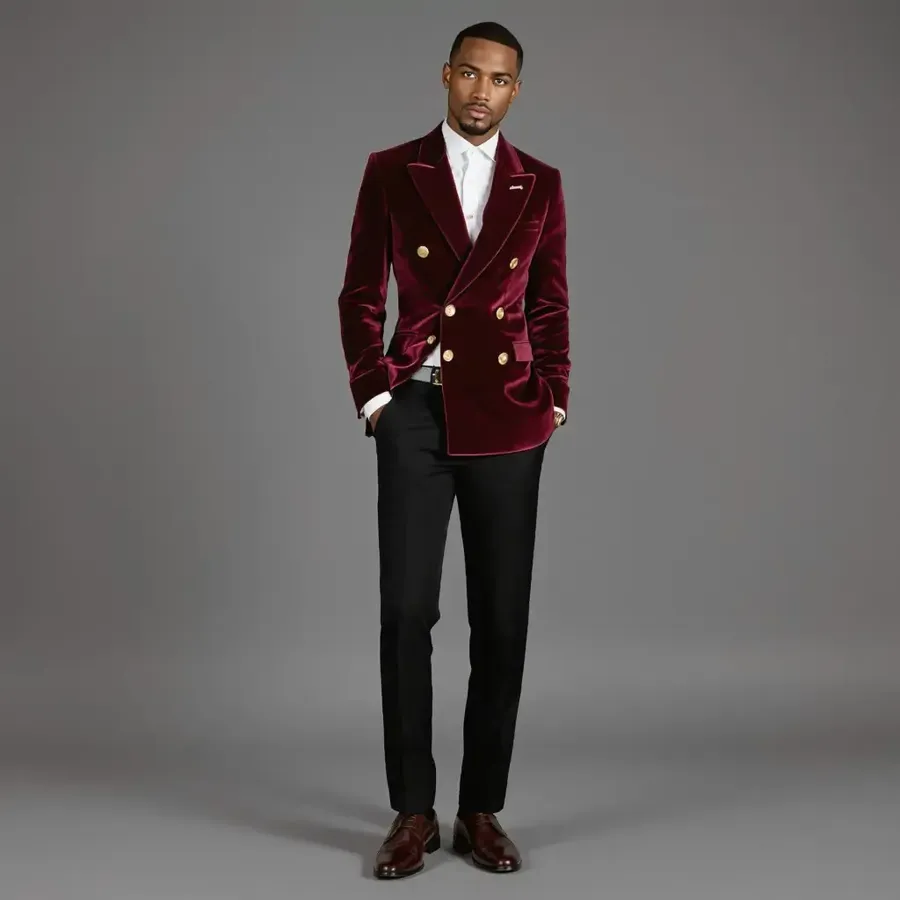 Man wearing a burgundy velvet blazer, white shirt and black trousers
