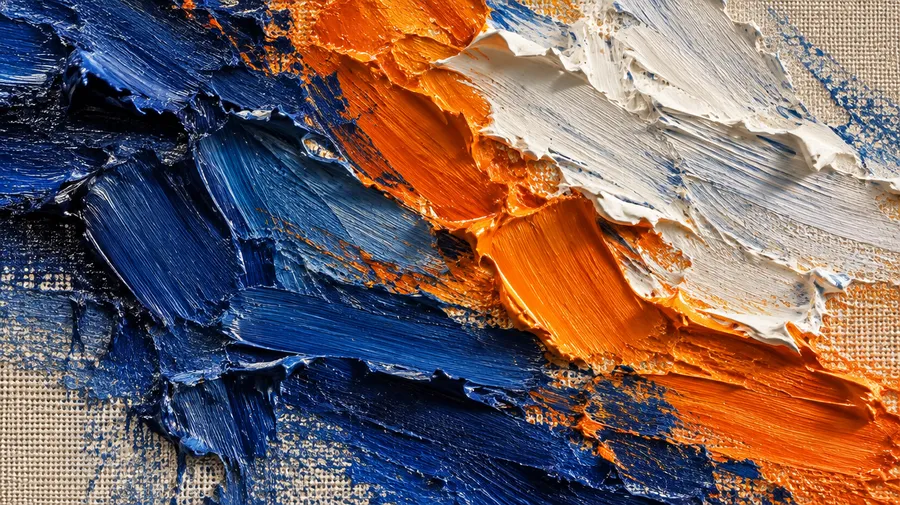 Close-up of thick impasto oil paint ridges in blue, orange and white across raw canvas weave