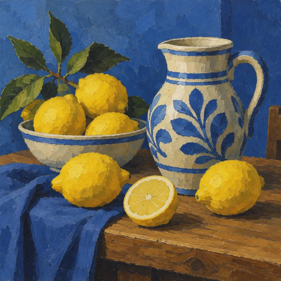 Acrylic still-life painting of lemons in a bowl and a blue-patterned jug on a wooden table