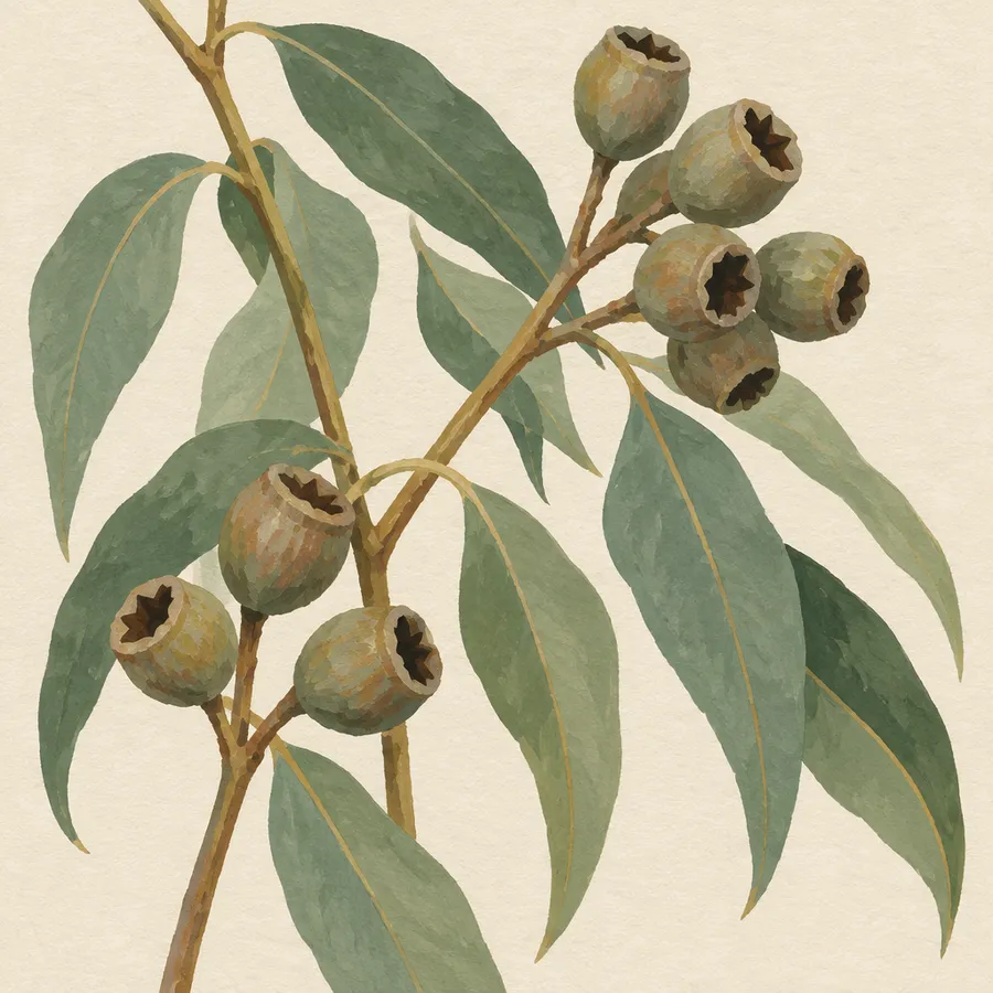 Gouache botanical painting of eucalyptus leaves and seed pods on cream paper