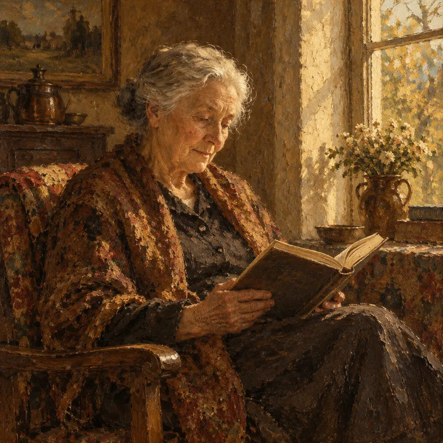 Oil painting portrait of an elderly woman reading beside a window, thick brushstrokes and canvas texture