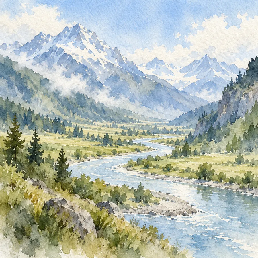 Watercolor painting of a mountain valley and river in pale blue and green transparent washes