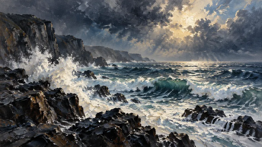 Oil painting of a stormy coastline with palette-knife impasto in ultramarine and grey
