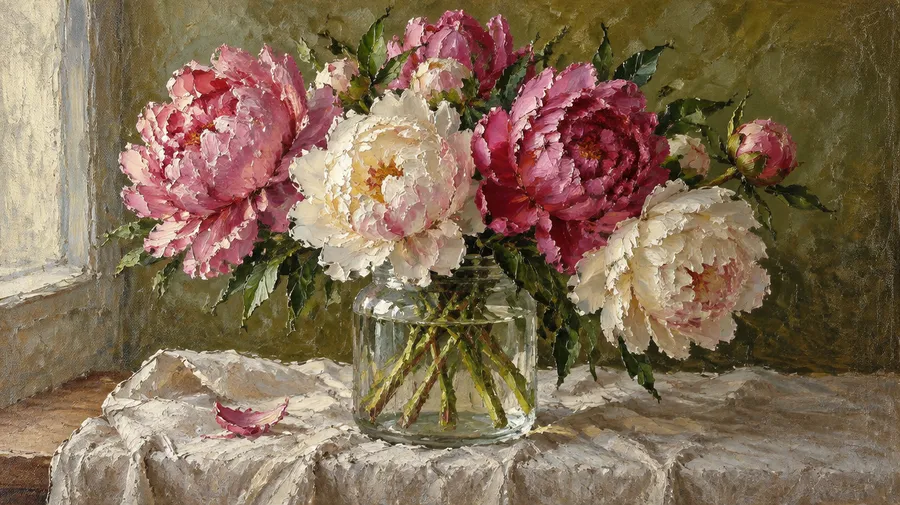 Oil painting of peonies in a glass jar, thick impasto petals over visible canvas weave