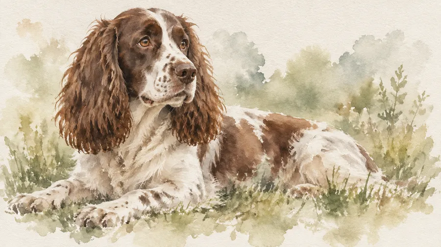 Watercolor portrait of a brown and white spaniel lying in grass, soft washes on textured paper