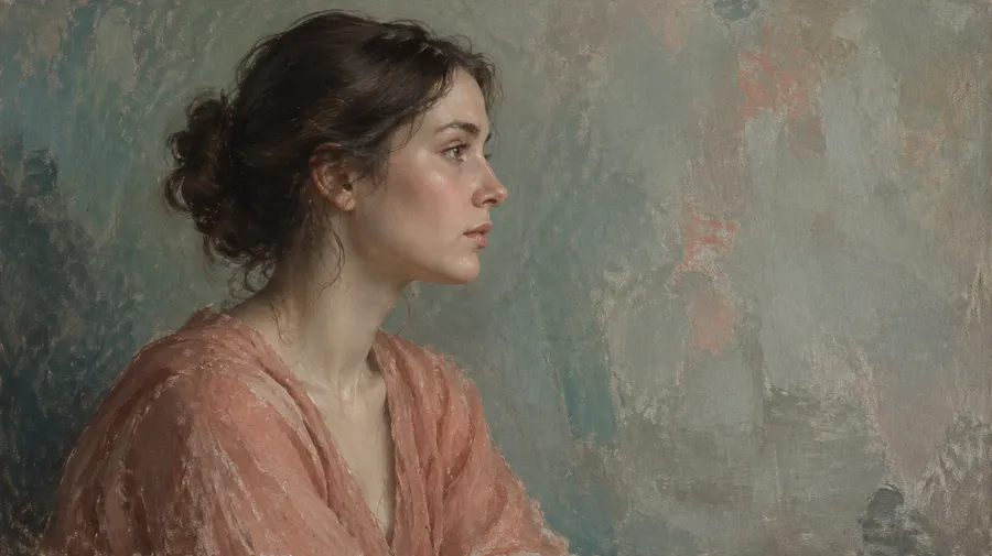 Oil painting portrait of a young woman in profile against a plain wall in teal and coral tones
