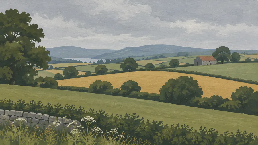 Gouache painting of rolling farmland with hedgerows and a distant barn in sage and ochre
