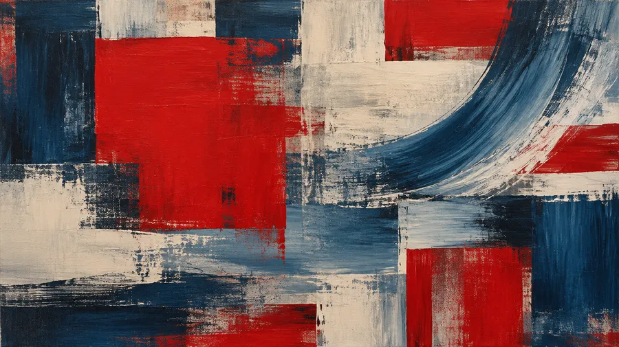 Abstract painting with red, deep blue and off-white blocks crossed by broad curved brushstrokes