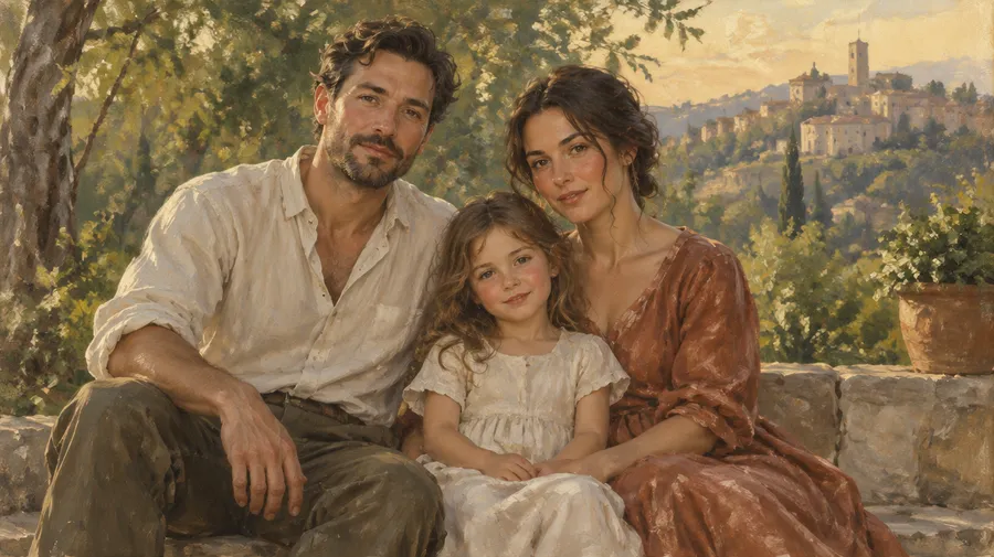 Oil painting group portrait of two adults and a child seated outdoors in warm ochre and green tones