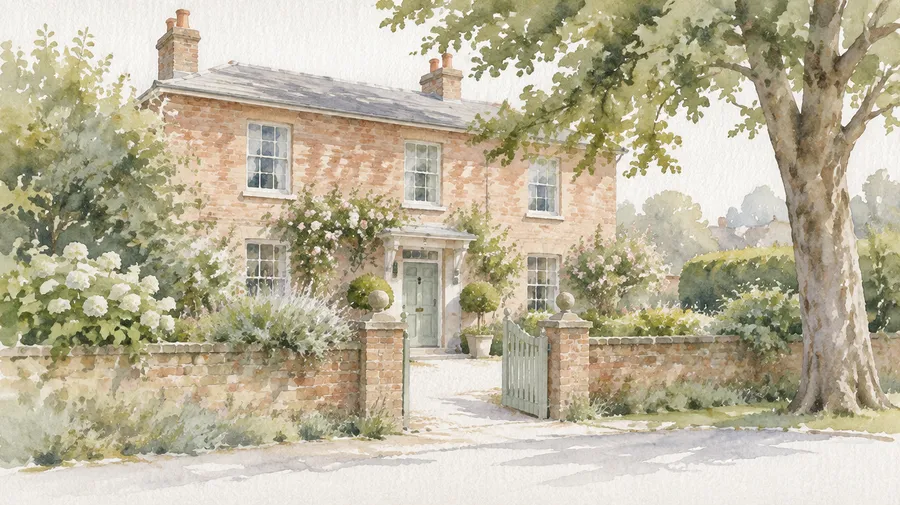 Watercolor painting of a two-storey brick house with a garden gate and a mature tree