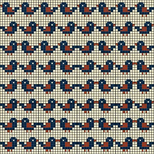 Seamless cross stitch chart with bird motif on pixel grid