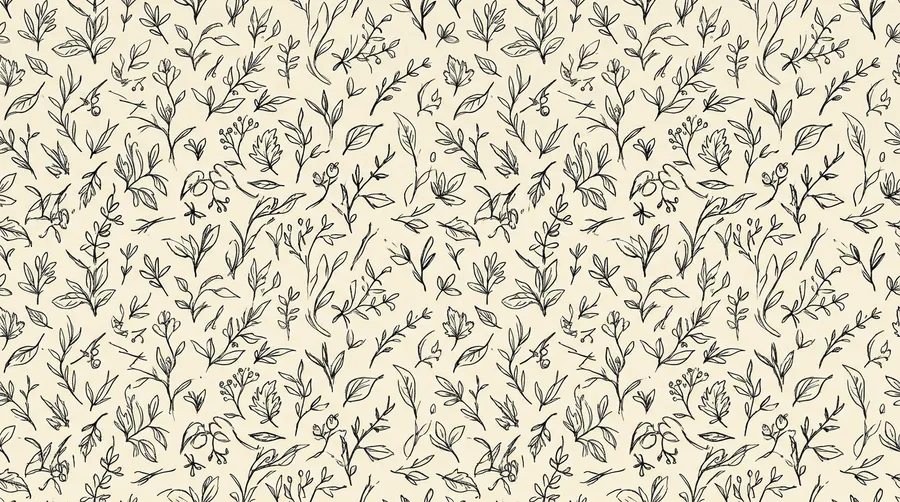 Seamless hand-drawn botanical sketch pattern in black ink on cream