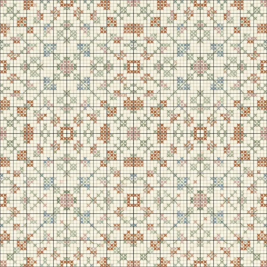 Seamless cross stitch botanical sampler chart in multi-color on linen cream grid