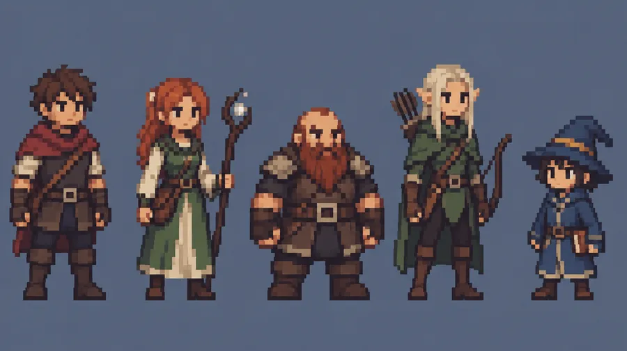 Row of five pixel art character sprites drawn in one shared palette and style