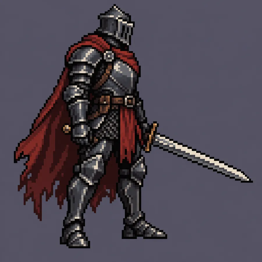 Pixel art warrior in dark armour holding a sword and shield, side view