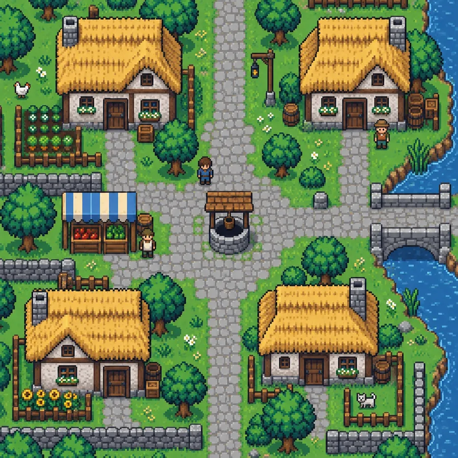 Top-down pixel art village with stone paths, cottages and trees