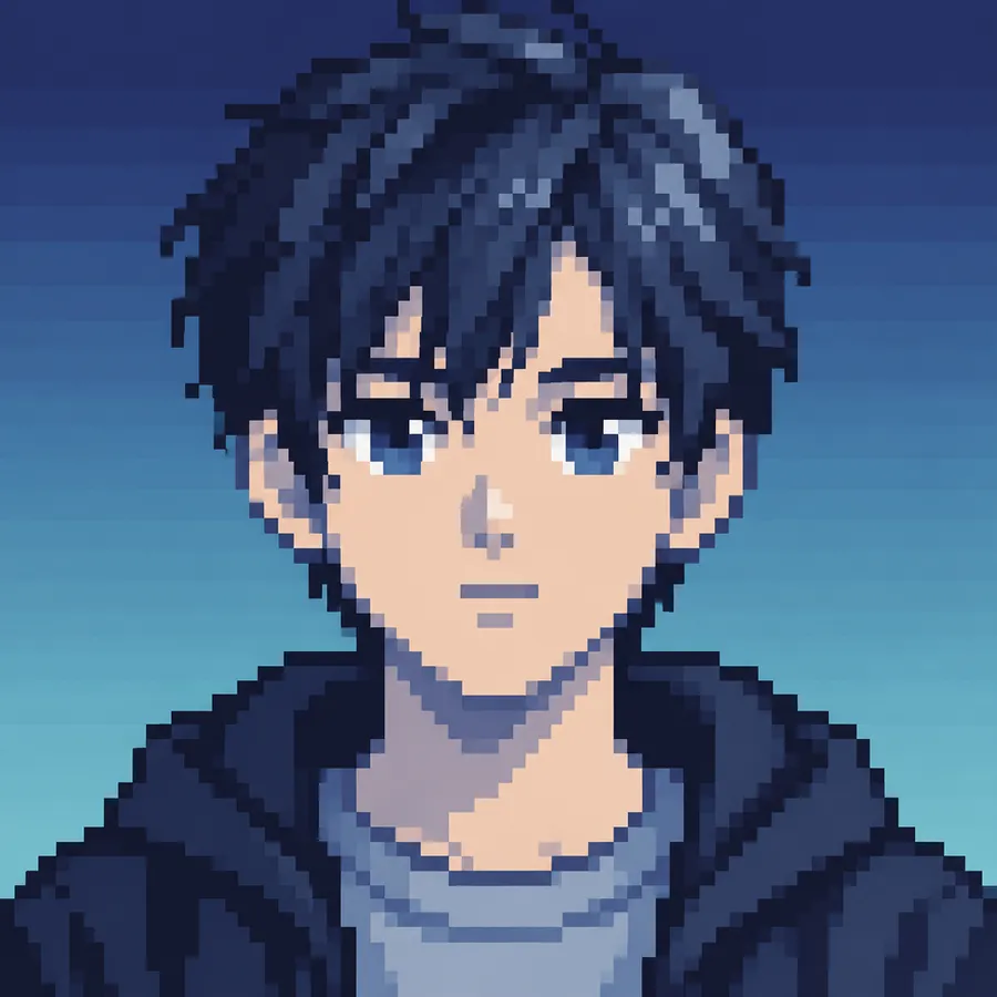 Pixel art portrait bust of a person with short hair on a gradient background