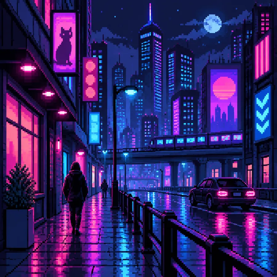 Pixel art night city street with tall buildings and neon signage