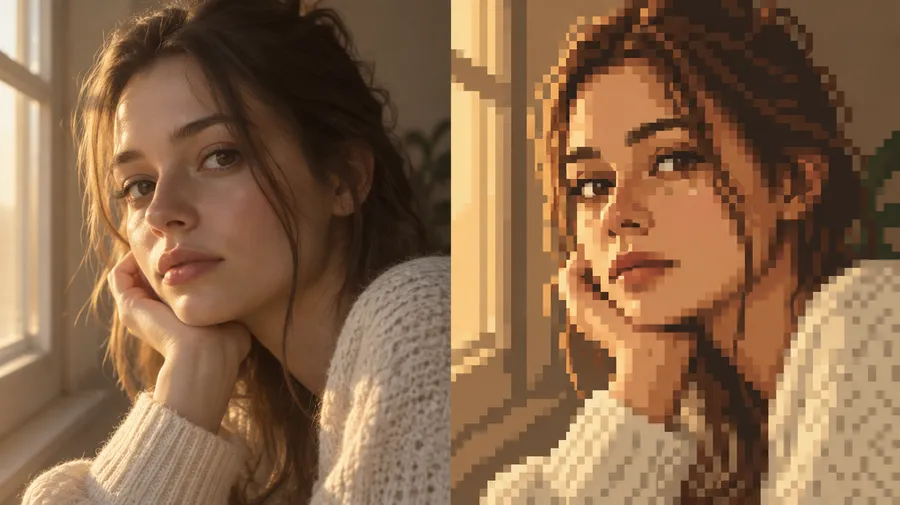 Photo of a woman by a window beside the same portrait redrawn as pixel art