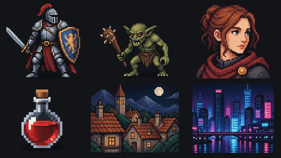 Six pixel art subjects: warrior, creature, portrait, potion, village and city