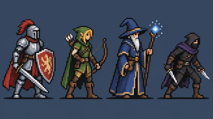 Four pixel art fantasy characters in a row: knight, archer, mage and rogue