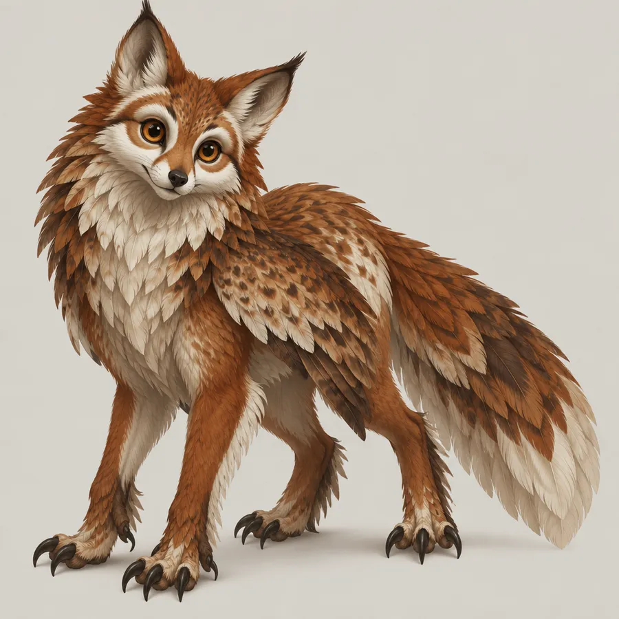 Invented hybrid creature combining owl feathers with fox anatomy