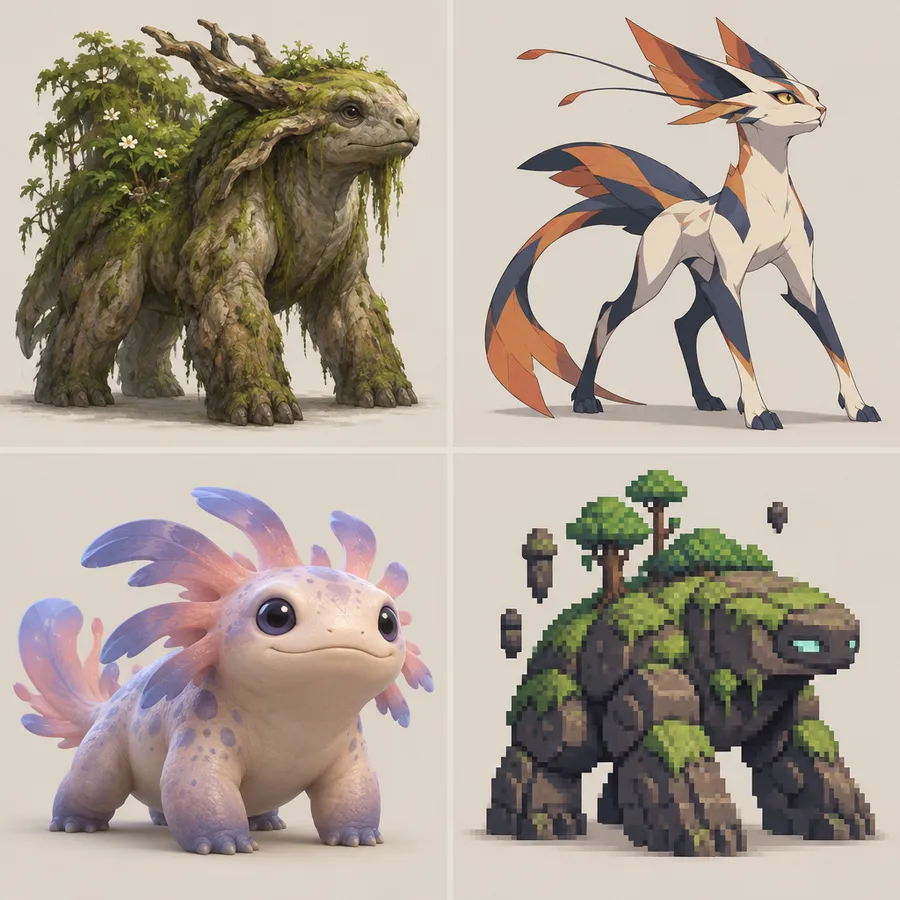 Grid of four invented creatures, each rendered in a different art style