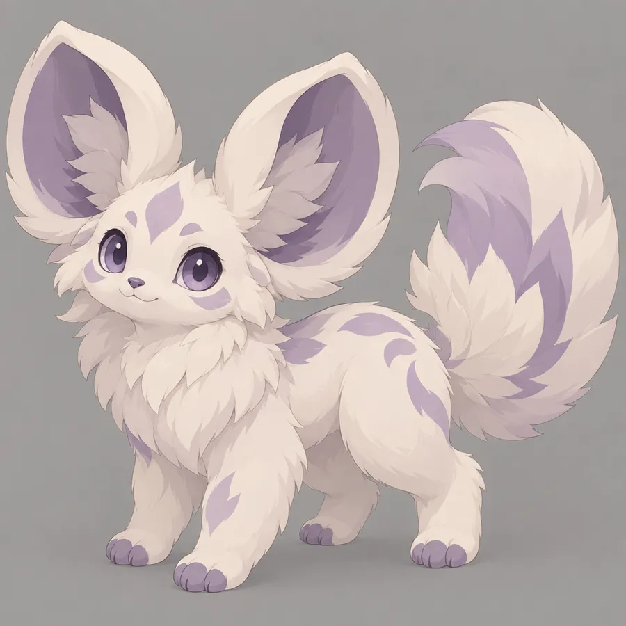 Invented fluffy creature with oversized ears and tufted tail on a plain backdrop