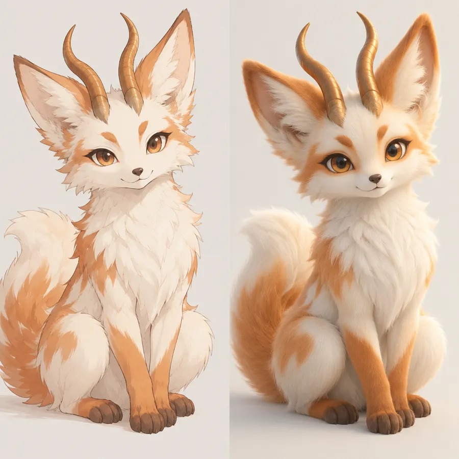 Same invented horned creature shown twice: anime-style illustration and 3D render