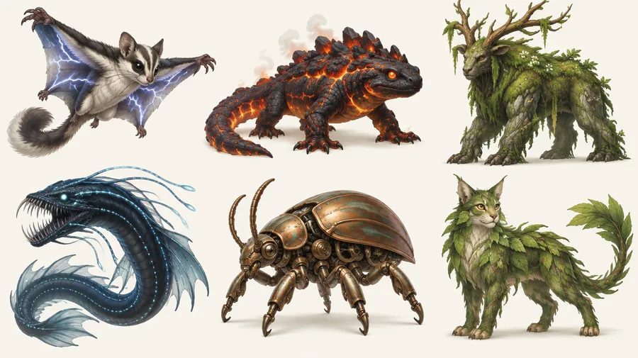 Grid of six invented creatures in different elemental themes on a plain background