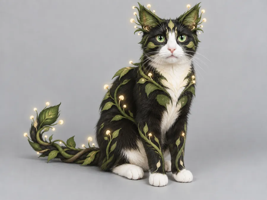 Black and white cat redrawn as a leafy creature with vine tail and glowing buds