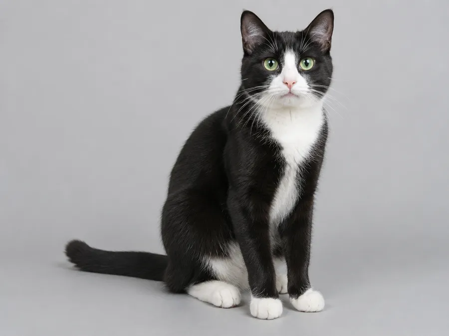 Black and white cat with white paws sitting on a plain grey studio backdrop