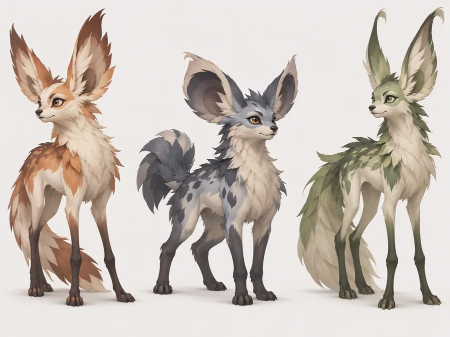Three variations of one invented creature side by side on a plain background