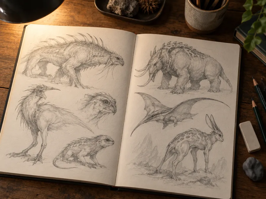 Sketchbook on a desk with pencil drawings of invented animals, pencils and eraser