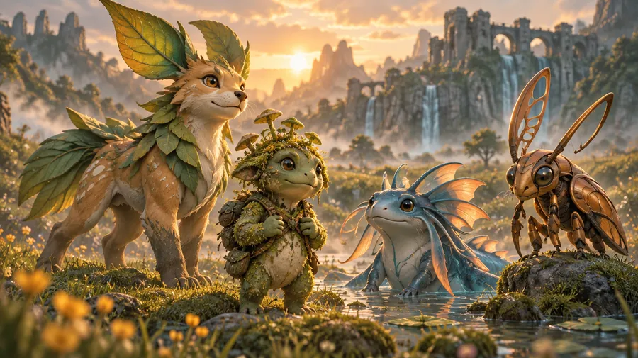 Group of invented fantasy creatures standing together in a misty meadow at sunset
