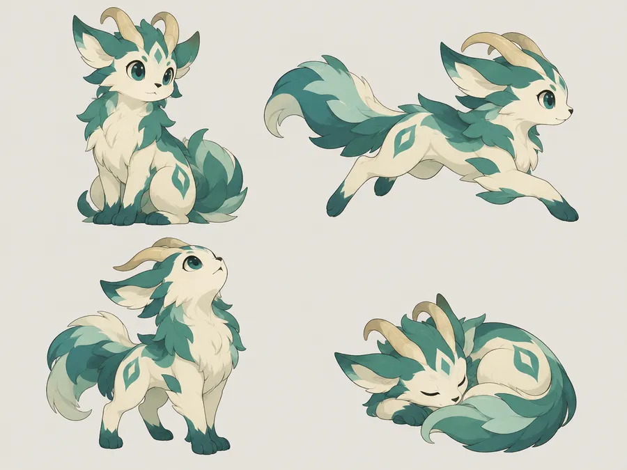 Teal and cream horned creature shown sitting, running, looking up and sleeping