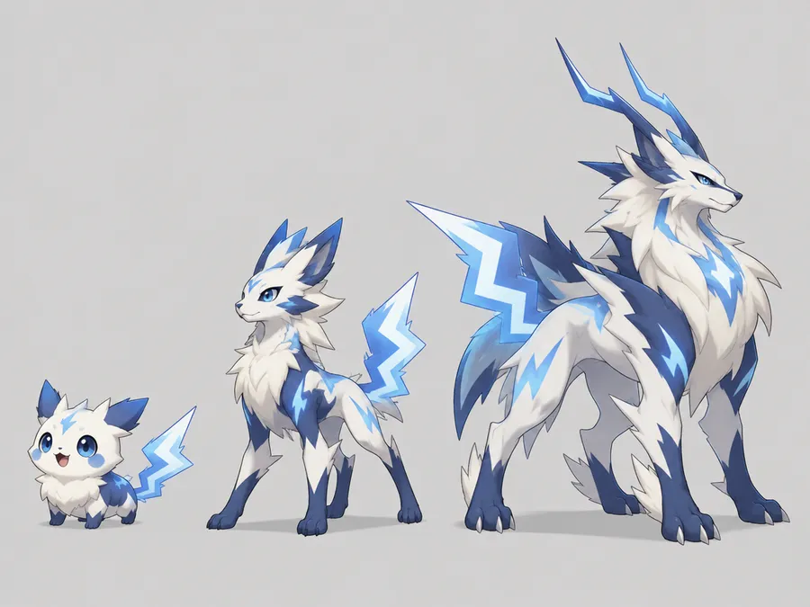 Three-stage progression of one invented creature from small round form to large final form