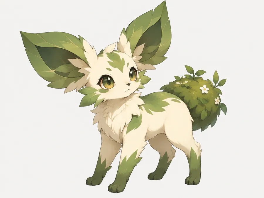 Invented fox-like forest creature with leaf-shaped ears and moss-covered tail