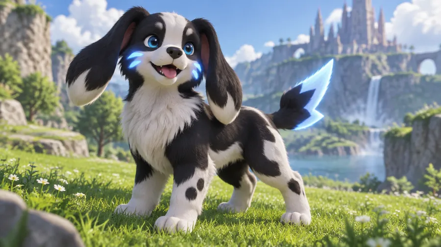 Dog-inspired invented creature with glowing cheek marks and a lightning-shaped tail
