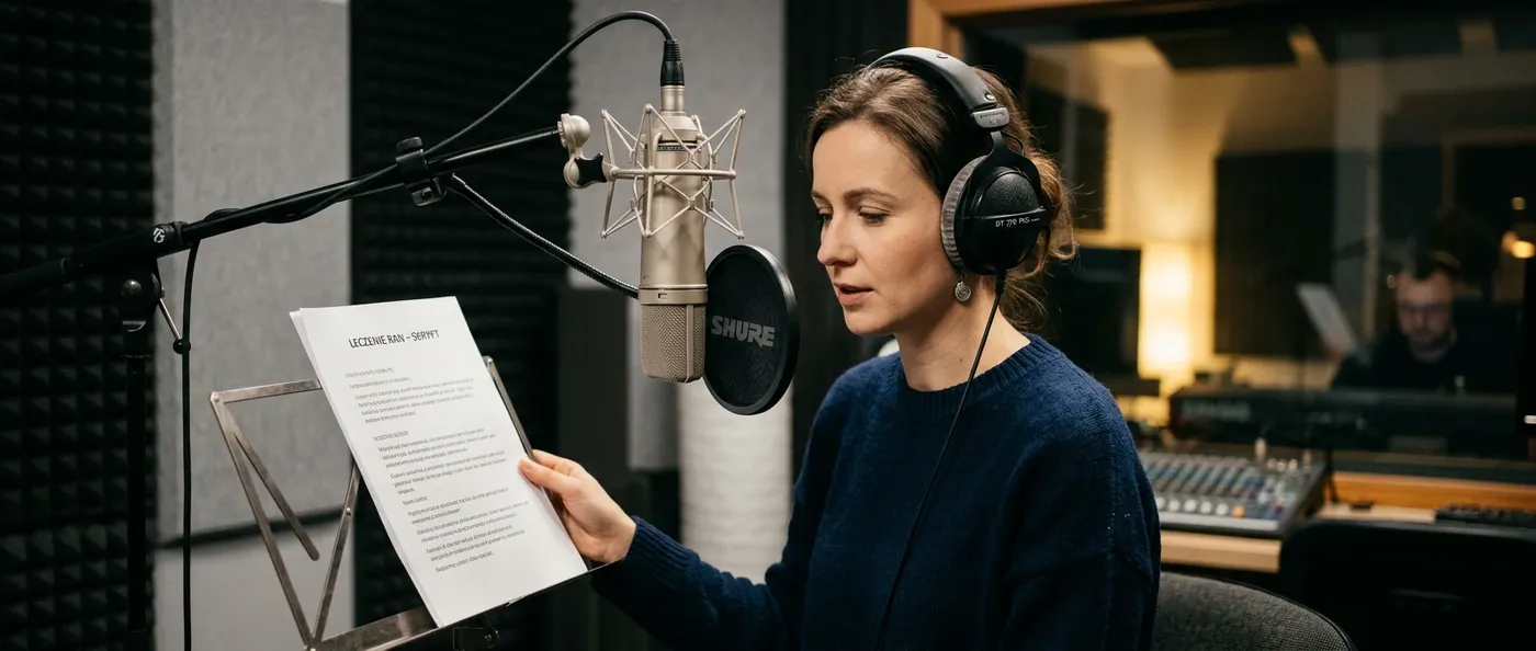 Polish voice actor recording in a professional studio booth