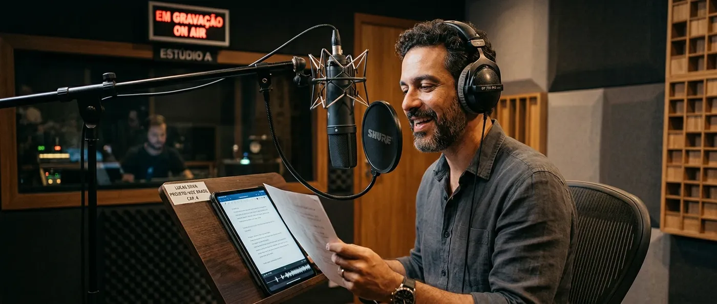 Portuguese voice actor recording in a professional studio booth