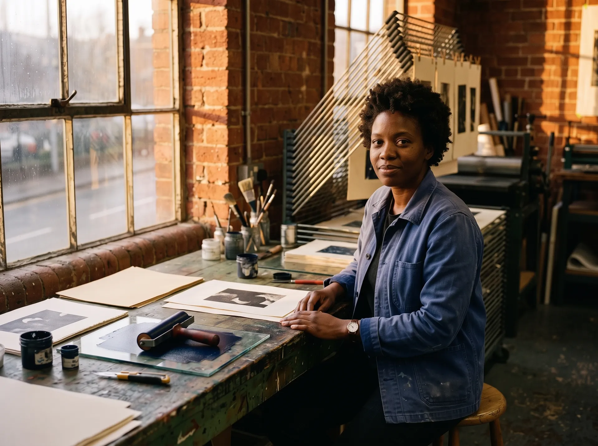 The same woman and print studio relit with warm golden-hour sunlight