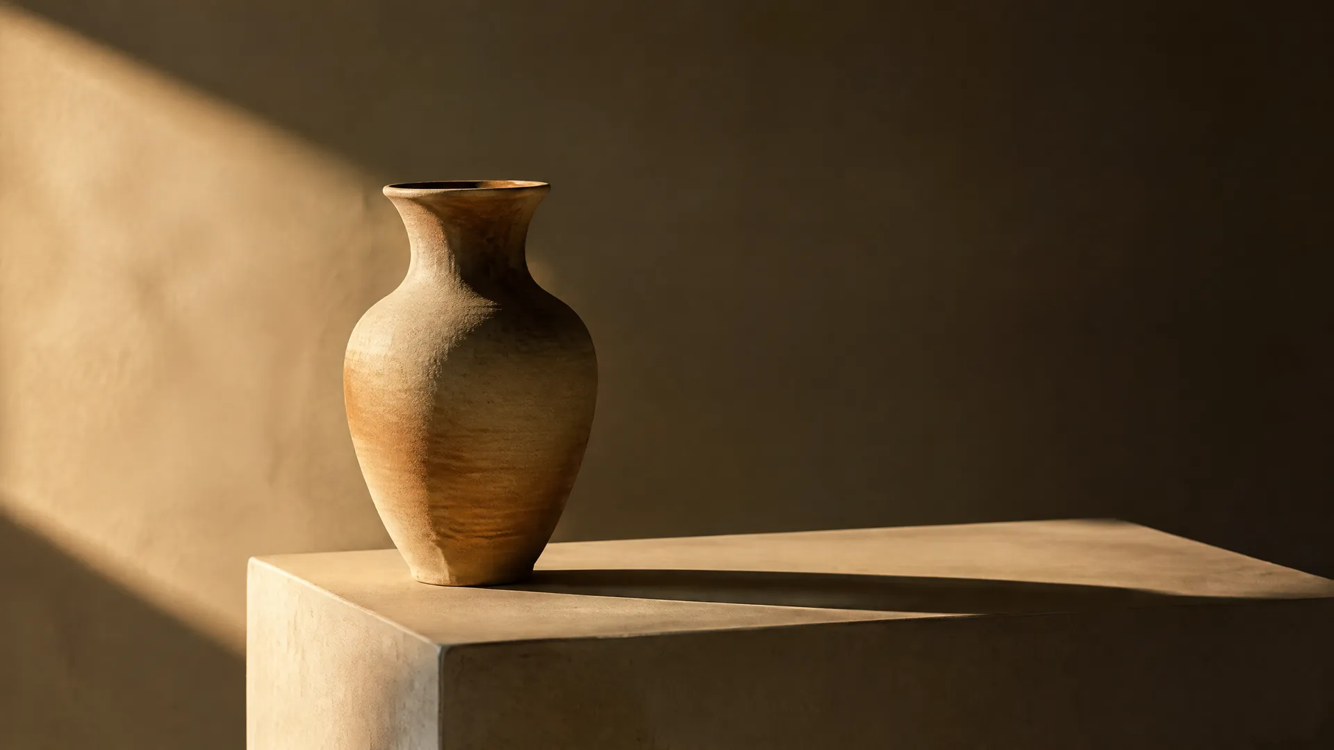 Ceramic vase lit dramatically with warm directional light
